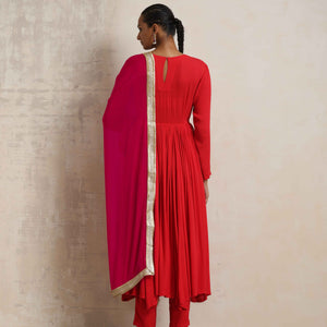 trueBrowns Red Crinkle Anarkali Kurta Pant Dupatta Set