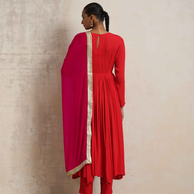 trueBrowns Red Crinkle Anarkali Kurta Pant Dupatta Set
