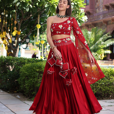 Rutvi Red Handpainted Satin Lehenga Set