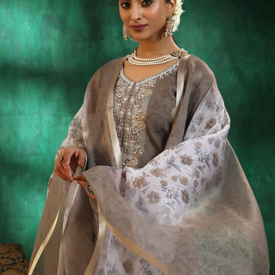 Green Woven Design Silk Blend Straight Suit With Dupatta