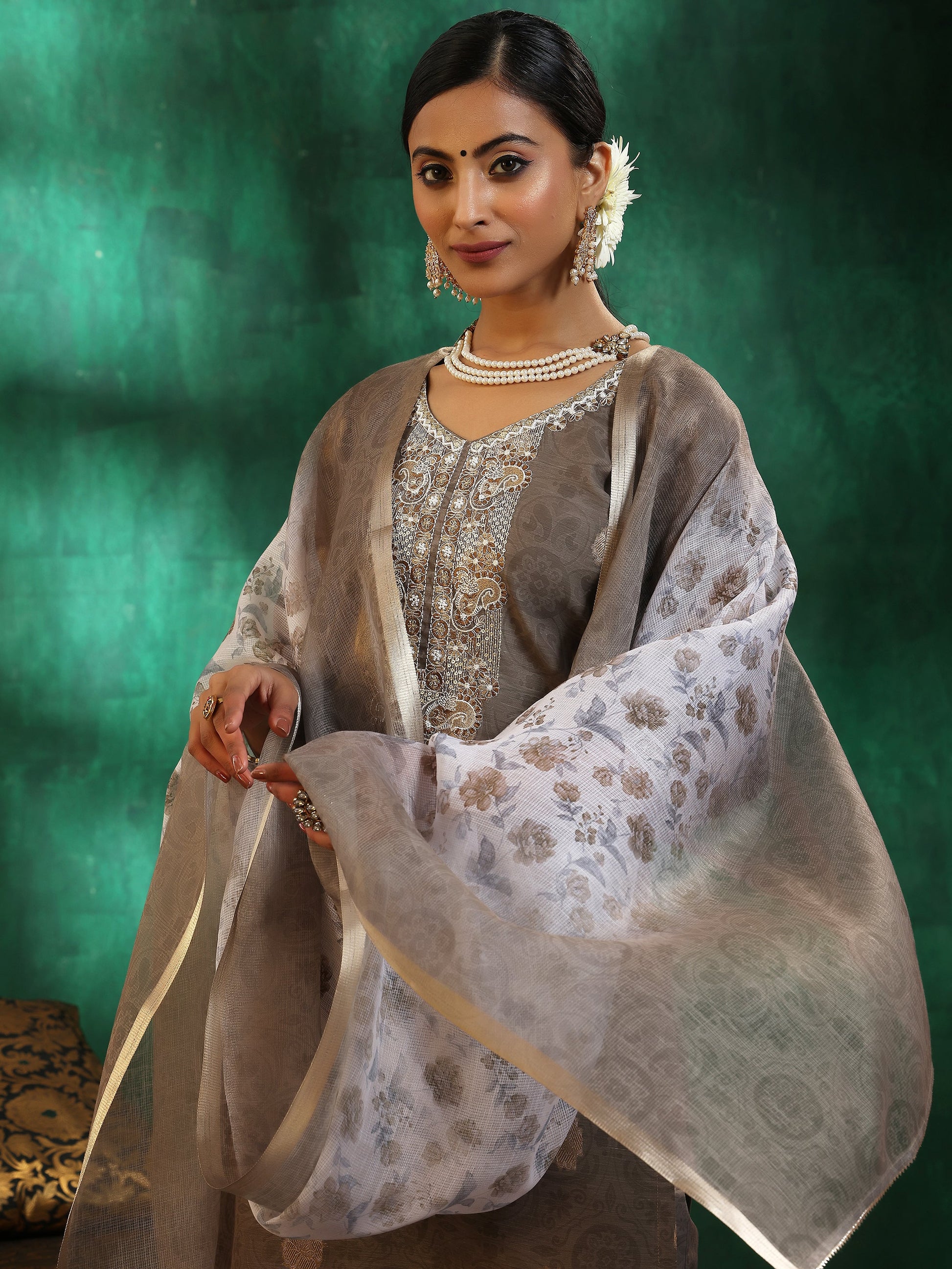 Green Woven Design Silk Blend Straight Suit With Dupatta