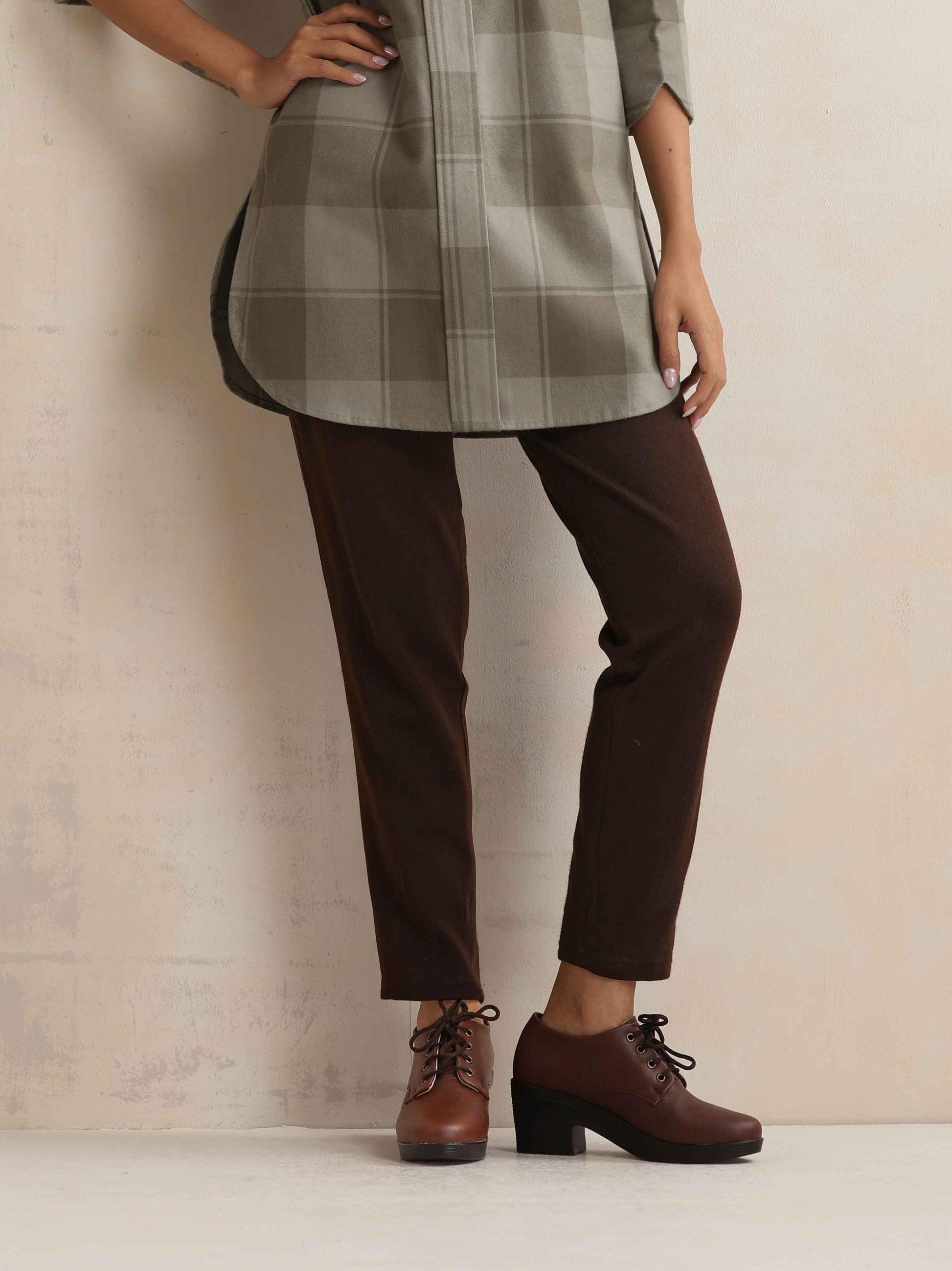 trueBrowns Green Check High Neck Short Kurta
