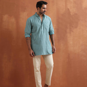 trueBrowns Men's Green Cotton Dobby Short Kurta