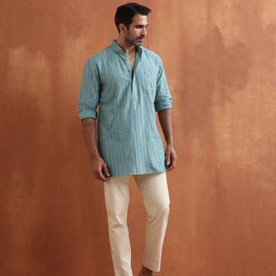 trueBrowns Men's Green Cotton Dobby Short Kurta