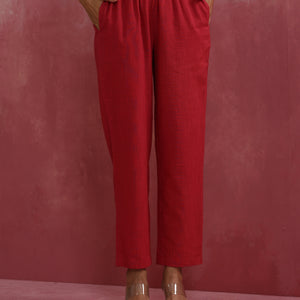 trueBrowns Red Straight Cotton Dobby Kurta Set