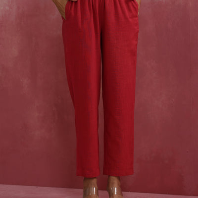 trueBrowns Red Straight Cotton Dobby Kurta Set