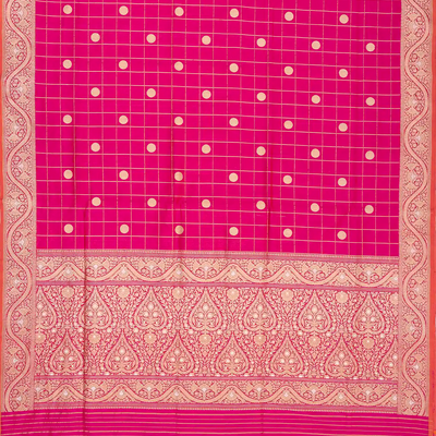 Pink Handwoven Banarasi Silk Saree With Checks & Buttas