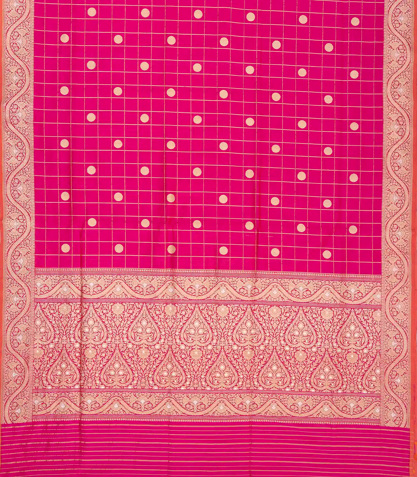 Pink Handwoven Banarasi Silk Saree With Checks & Buttas