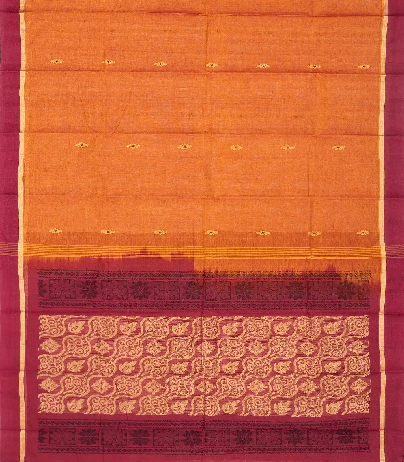 Orange Handloom Village Cotton Saree With Floral Buttas