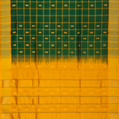 Dark Green Handloom Silk Cotton Saree With Checks & Buttas