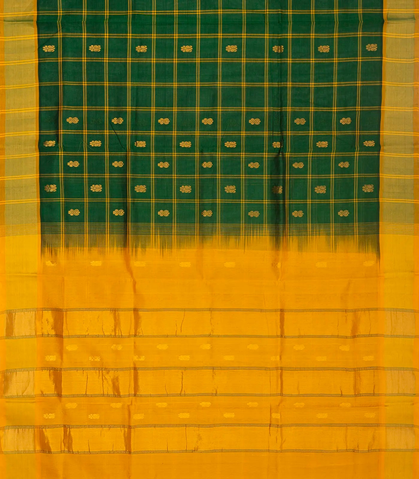 Dark Green Handloom Silk Cotton Saree With Checks & Buttas