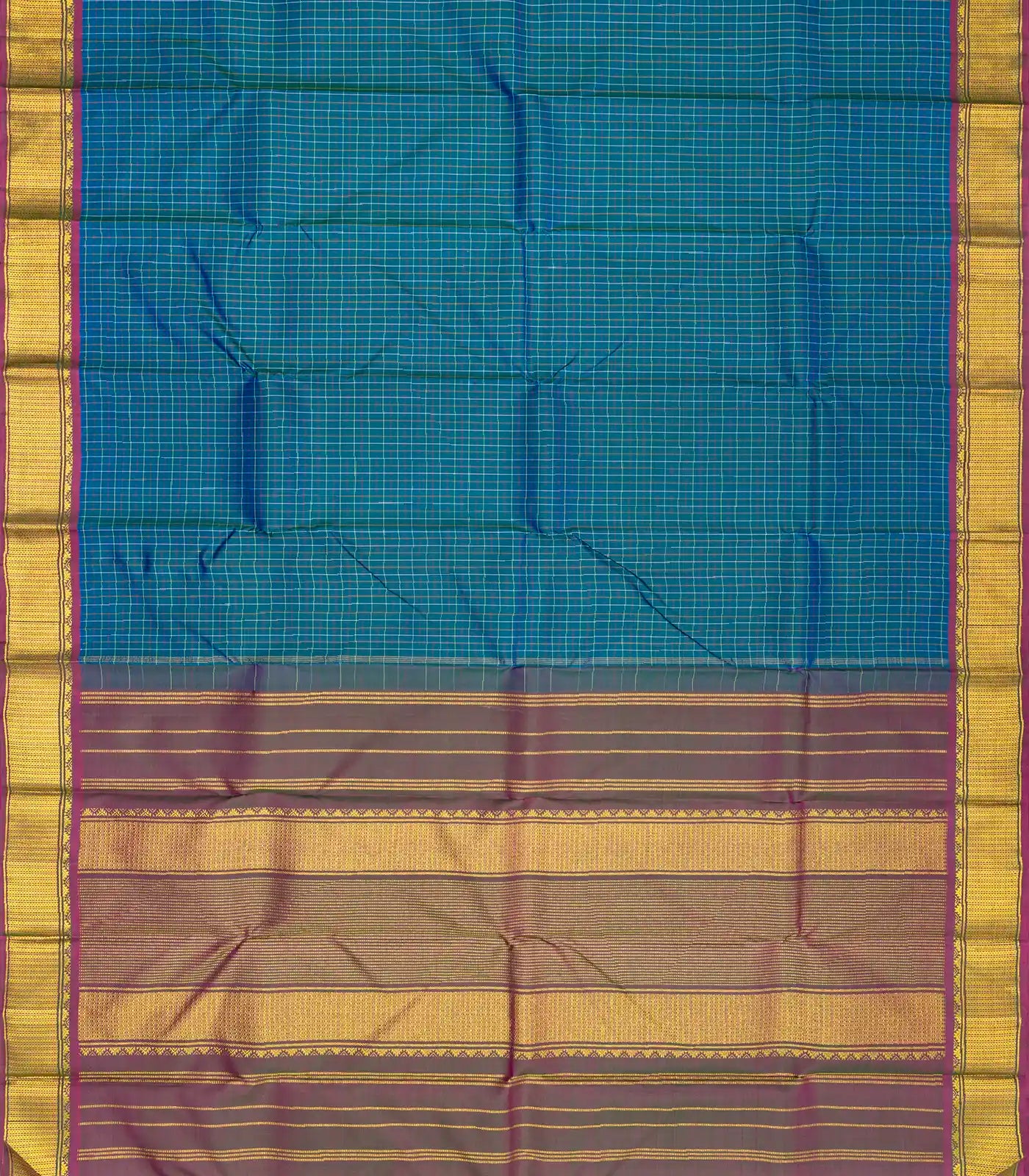 Blue Handloom Kanchipuram Silk Saree With Checks