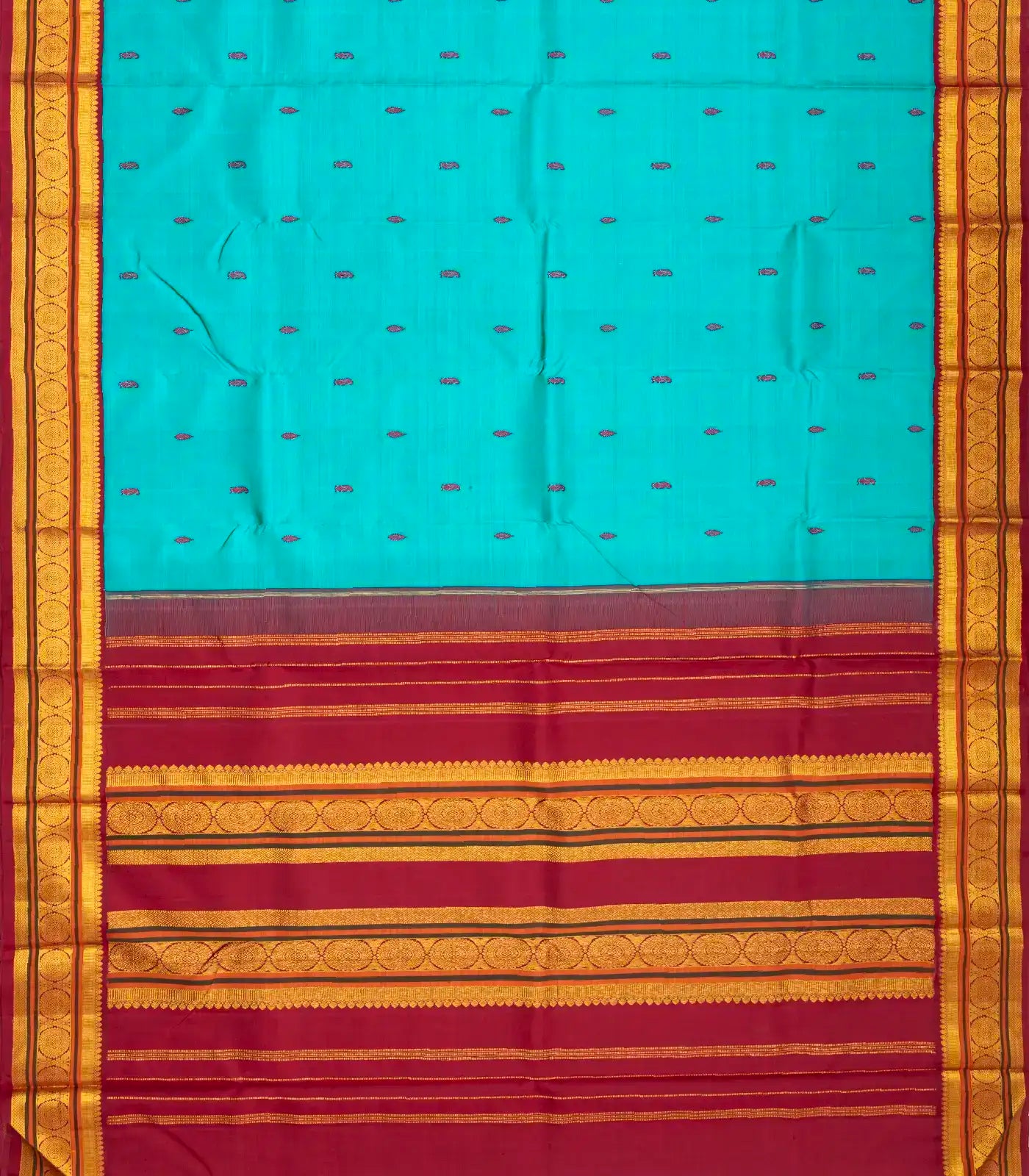 Turquoise Handloom Kanchipuram Korvai Silk Saree With Silk Buttas