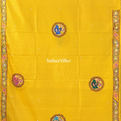 Yellow Krishna Rasa Leela Boita Theme Hand-Painted Pattachitra Saree (Pre Order)