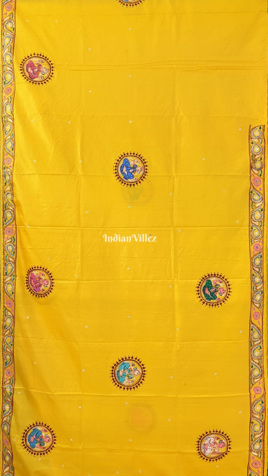 Yellow Krishna Rasa Leela Boita Theme Hand-Painted Pattachitra Saree (Pre Order)