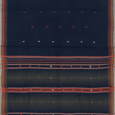 Midnight Blue Handloom Bhujodi Cotton Saree With Buttas