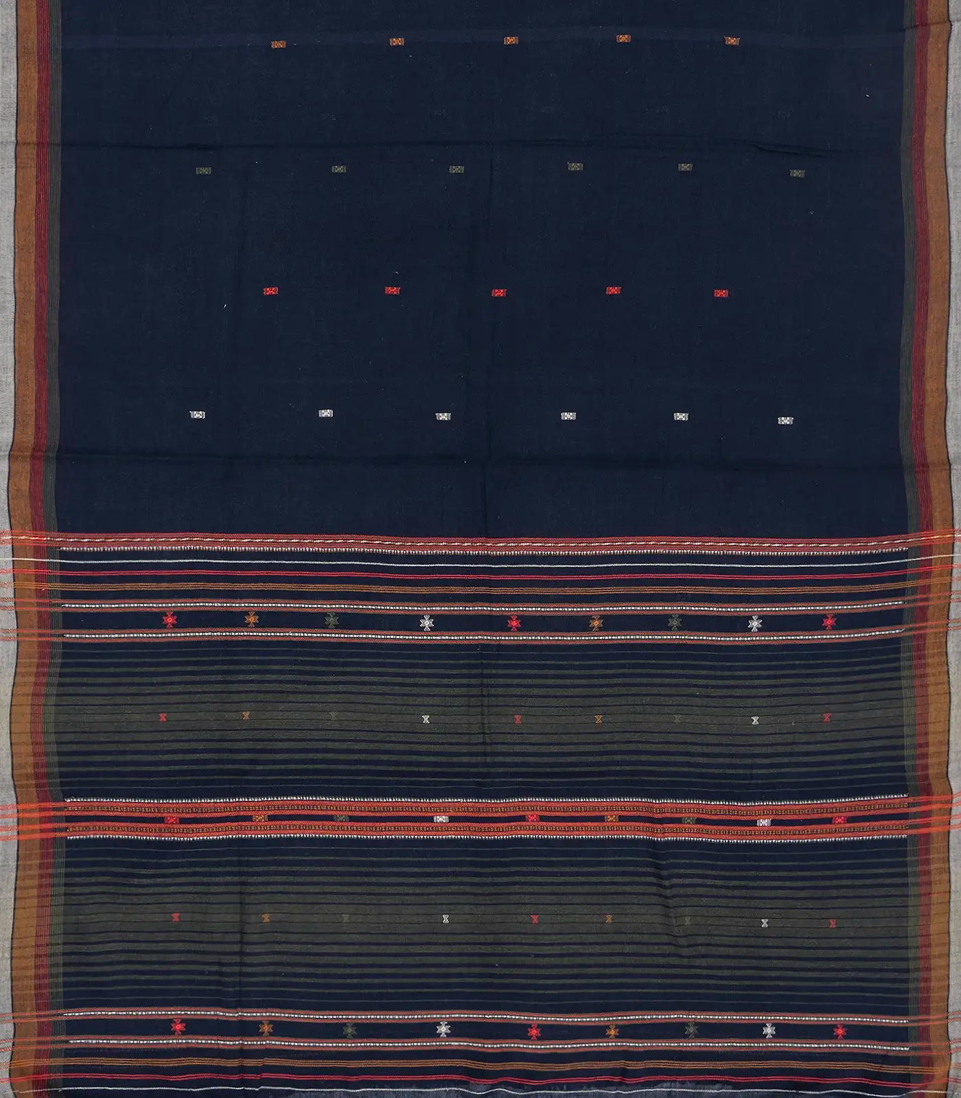 Midnight Blue Handloom Bhujodi Cotton Saree With Buttas