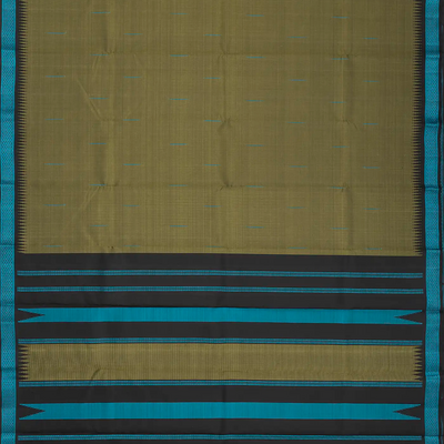 Dark Olive Handloom Kanchipuram Korvai Silk Saree With Raindrop Buttas