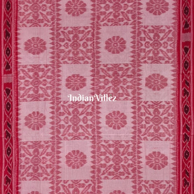 White Red Computer Design Sambalpuri Ikat Maniabandha Cotton  Saree