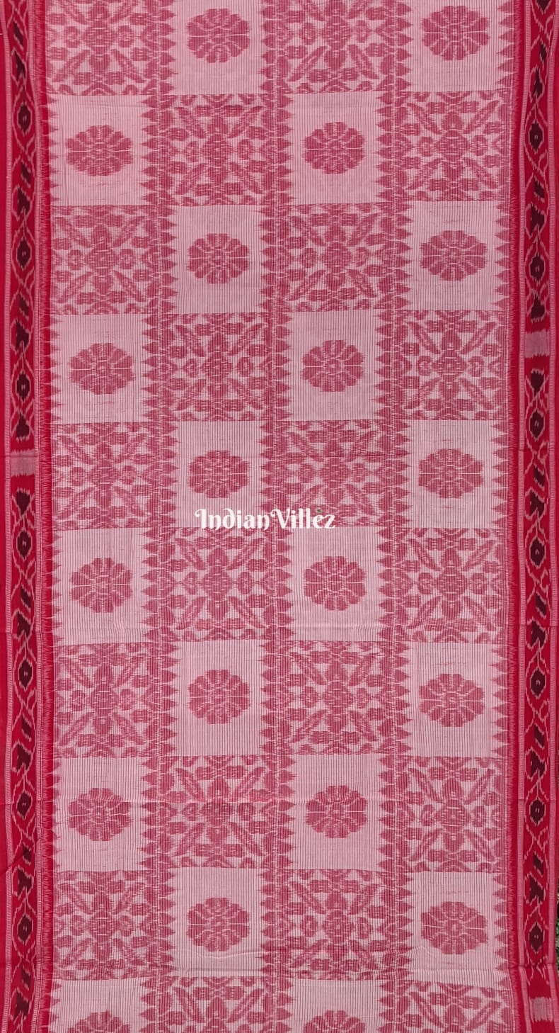 White Red Computer Design Sambalpuri Ikat Maniabandha Cotton  Saree