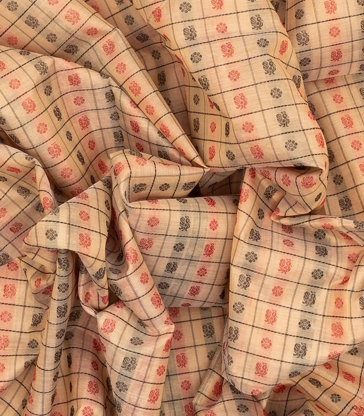 Cream Handloom Silk Cotton Saree With Checks & Annam Motifs