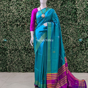 Teal Green with Purple Handwoven Soft Silk Saree