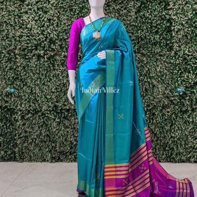Teal Green with Purple Handwoven Soft Silk Saree