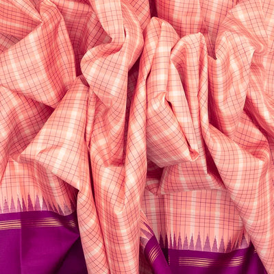 Baby Pink Handloom Korvai Kanchipuram Silk Saree With Checks