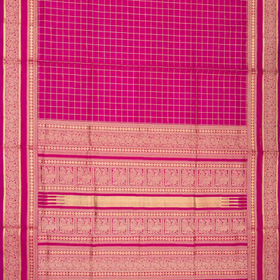 Hot Pink Handloom Silk Cotton Saree With Zari Checks