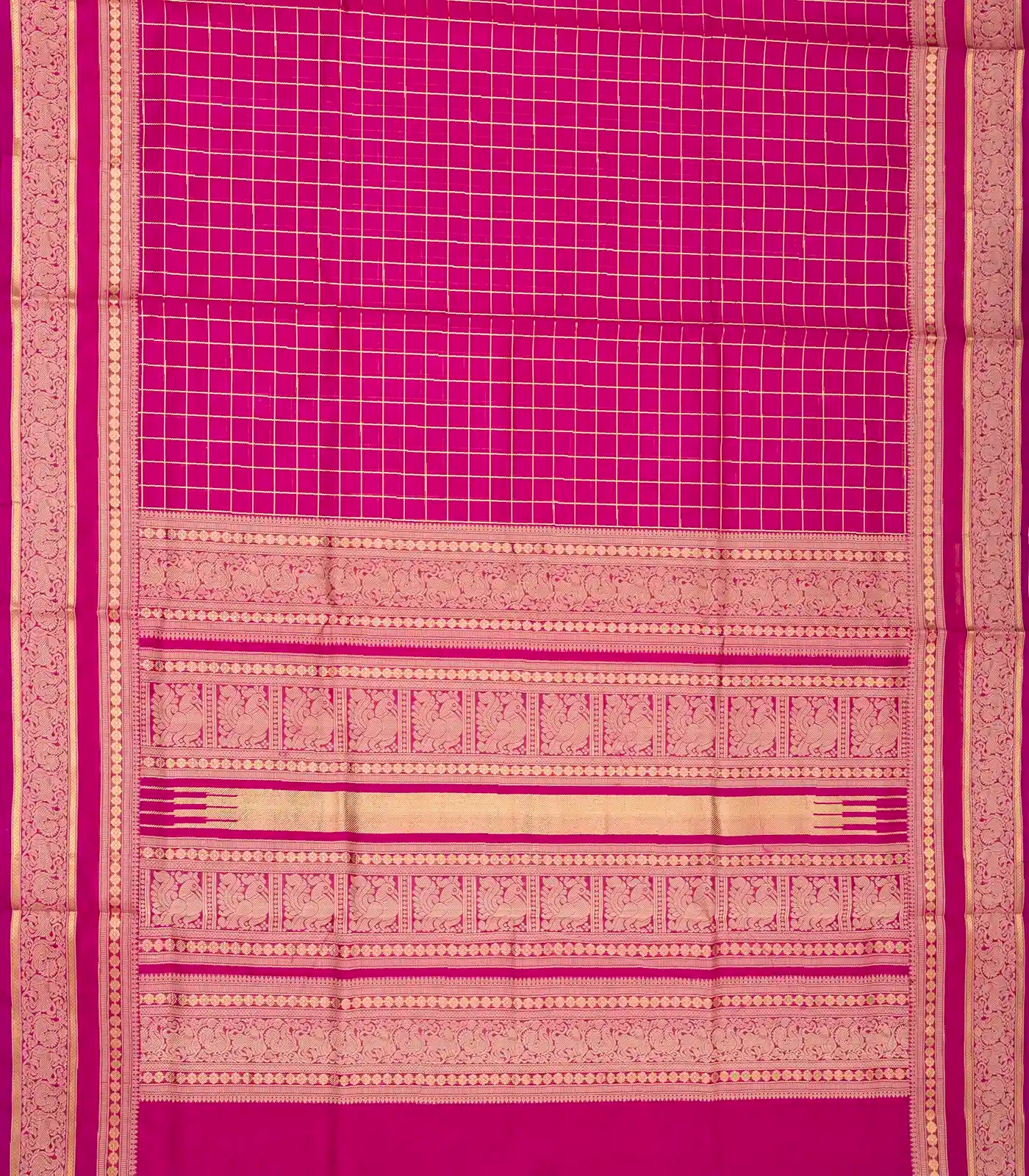 Hot Pink Handloom Silk Cotton Saree With Zari Checks