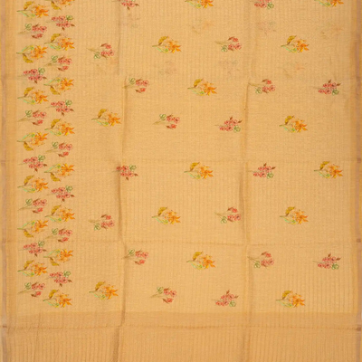 Beige Handwoven Linen Saree Printed With Flower Motifs