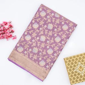 Lavender Handloom Banarasi Silk Saree With Gold & Silver Zari Floral Motifs