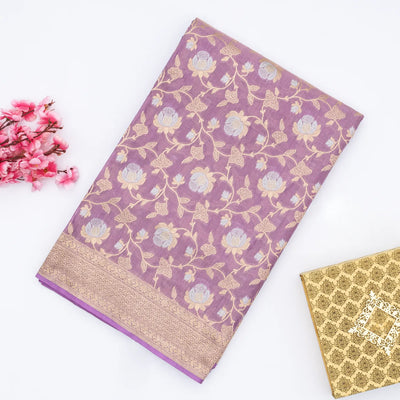 Lavender Handloom Banarasi Silk Saree With Gold & Silver Zari Floral Motifs