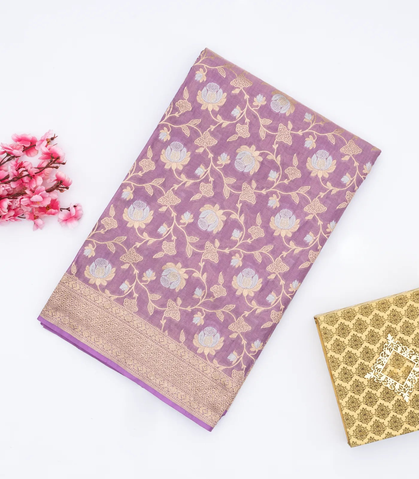 Lavender Handloom Banarasi Silk Saree With Gold & Silver Zari Floral Motifs