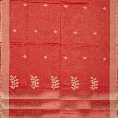 Red Handloom Bengal Cotton Saree With Stripes & Buttas