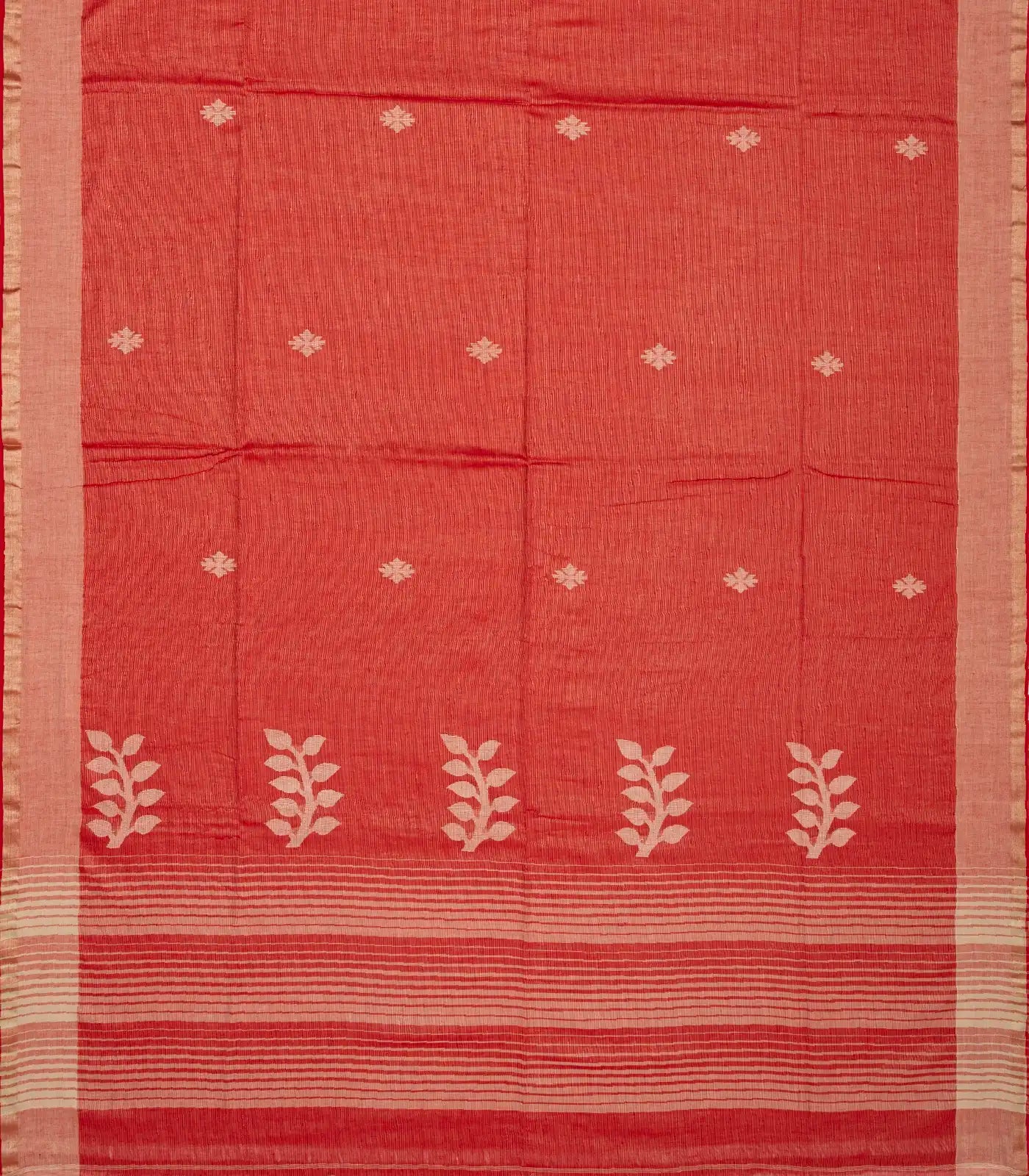 Red Handloom Bengal Cotton Saree With Stripes & Buttas