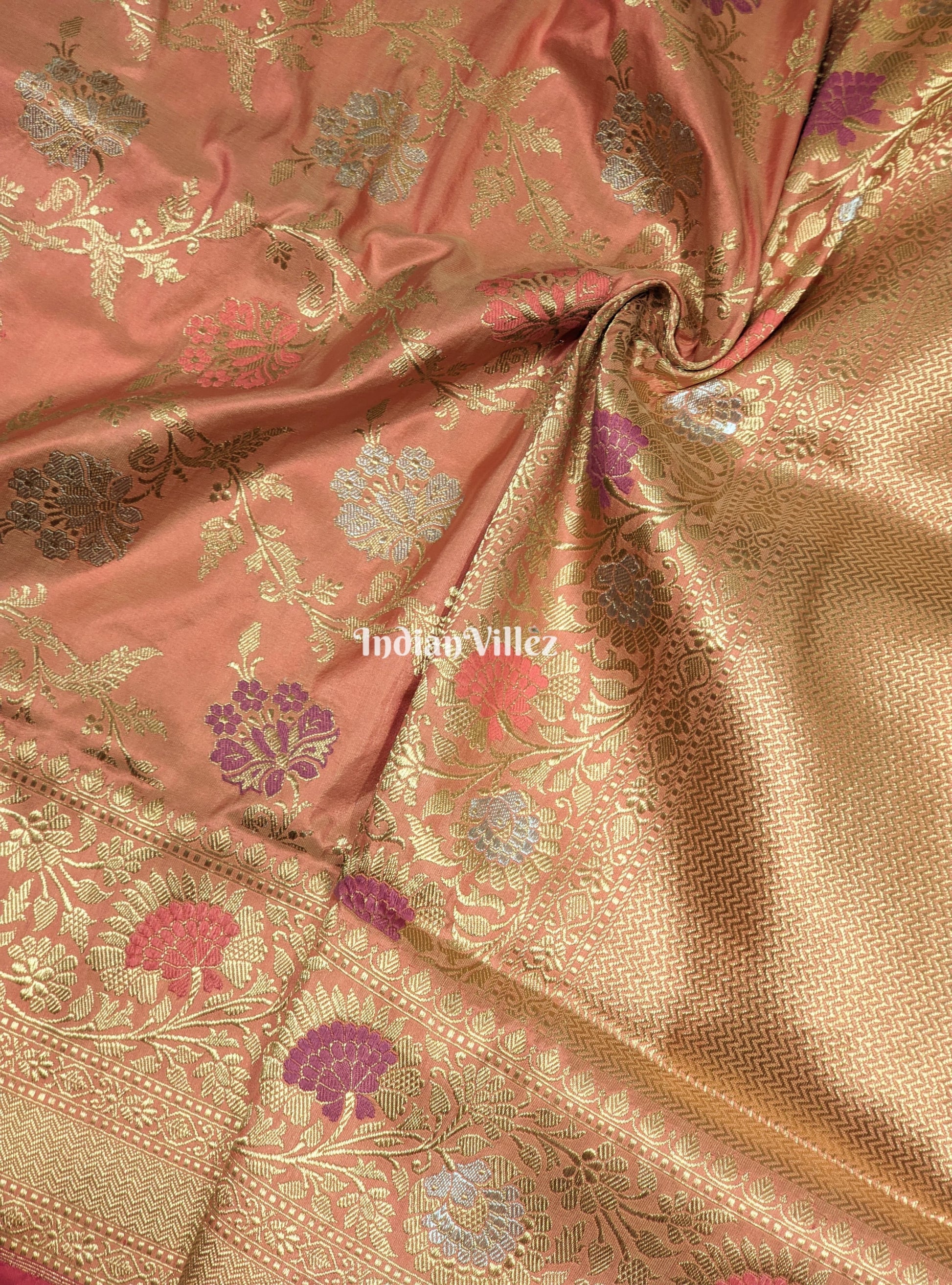 Peach Floral Designer Meenakari Katan Banarasi Saree