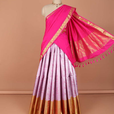 Lavender floral buttas art-silk half saree, contrast traditional zari border,zari design blouse & striped geometric dhavani