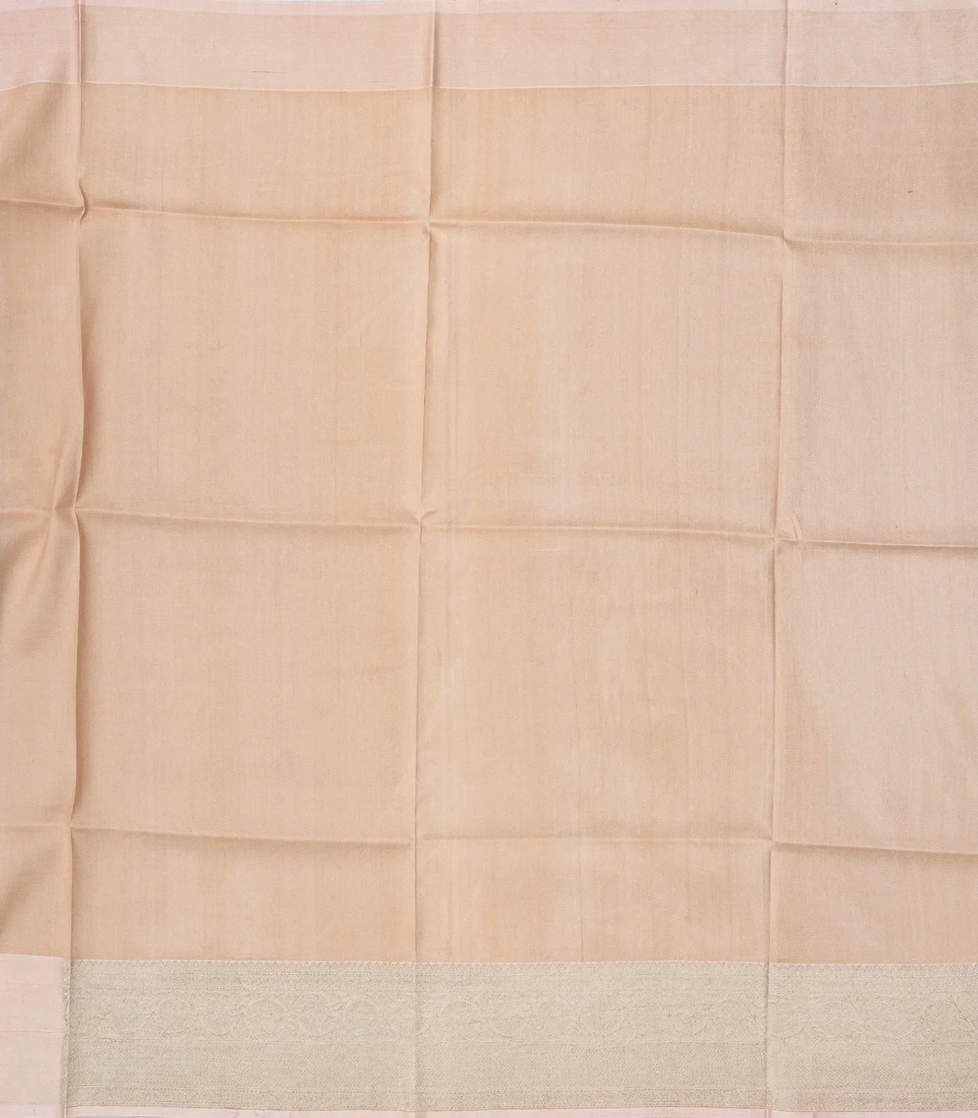 Light Peach Handloom Tussar Silk Saree With Printed Floral Motifs & Zari Border