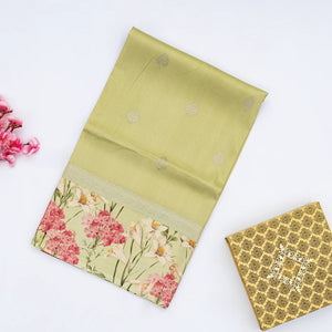 Gold Handloom Tussar Silk Saree With Floral Buttas & Printed Border