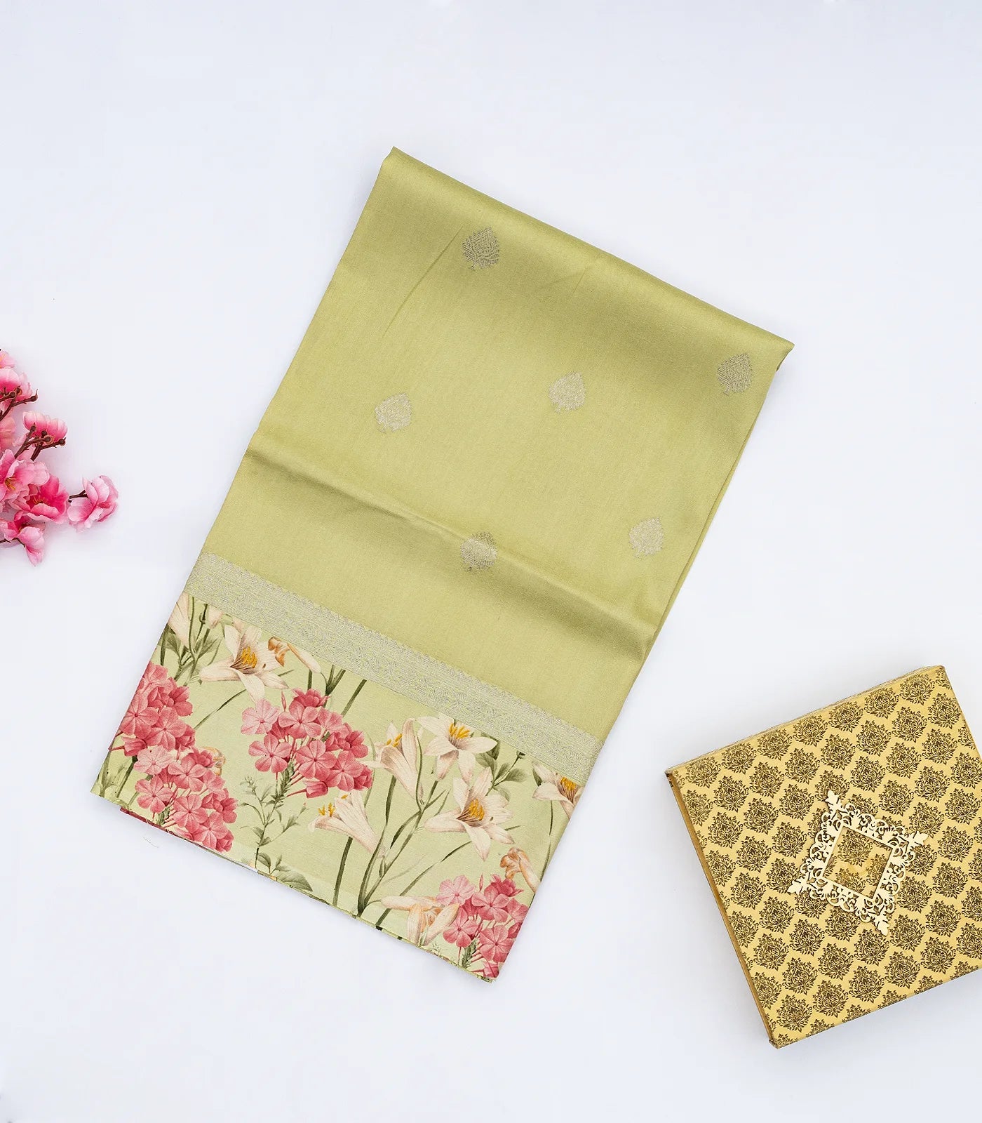 Gold Handloom Tussar Silk Saree With Floral Buttas & Printed Border