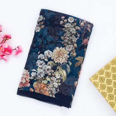 Navy Blue Georgette Silk Saree Printed With Floral Motifs