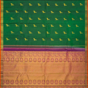 Dark Green Handloom Kanchipuram Silk Saree With Deer Buttas