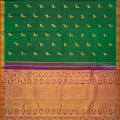 Dark Green Handloom Kanchipuram Silk Saree With Deer Buttas