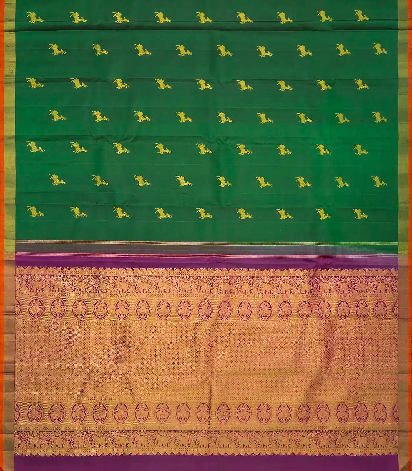 Dark Green Handloom Kanchipuram Silk Saree With Deer Buttas