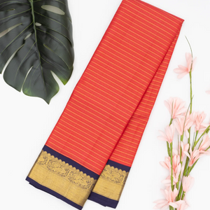 Red Handloom Kanchipuram Korvai Silk Saree With Zari Stripes