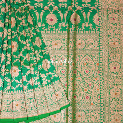 Parrot Green Floral Meenakari Banarasi Katan Silk Saree