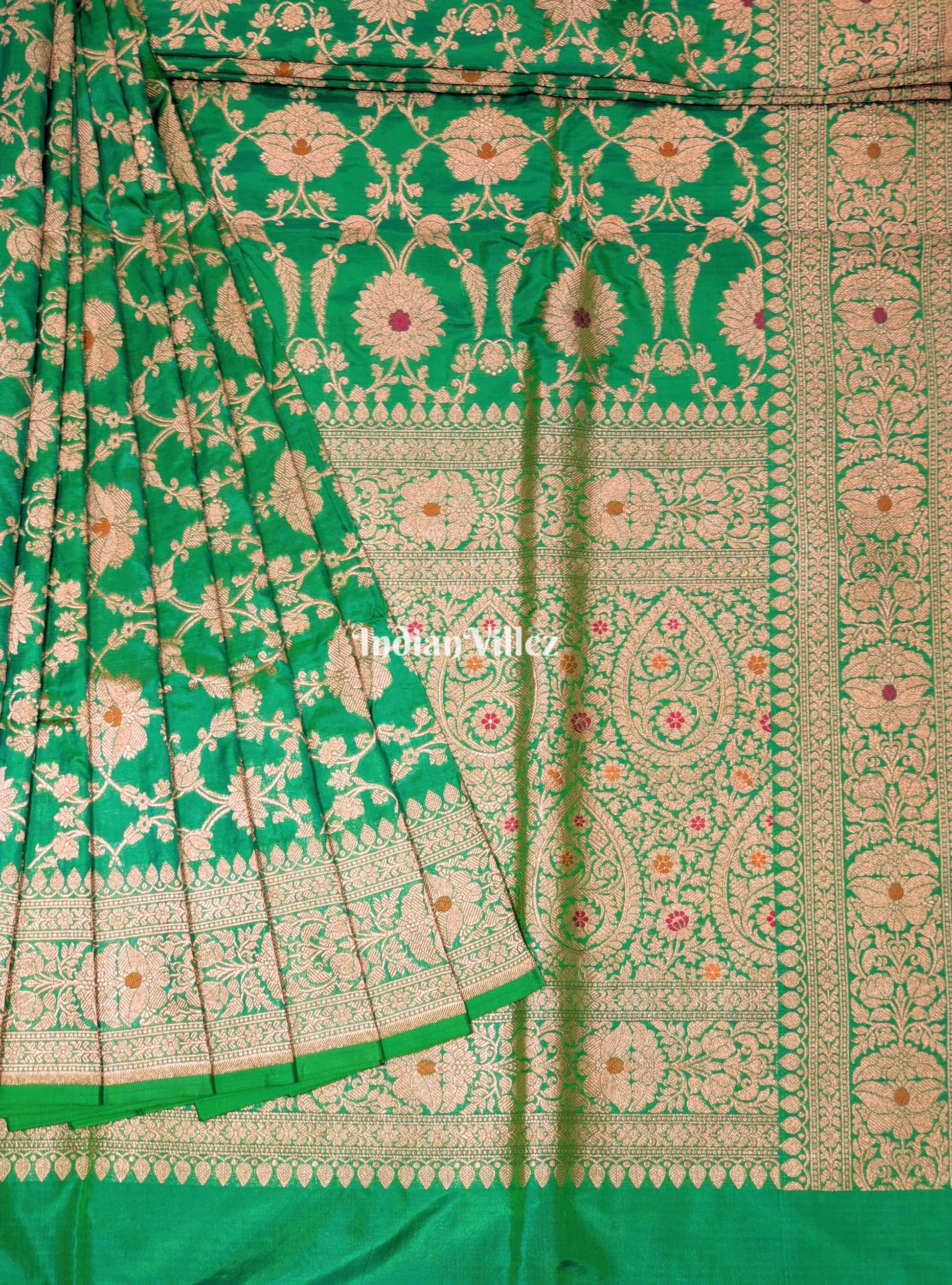 Parrot Green Floral Meenakari Banarasi Katan Silk Saree