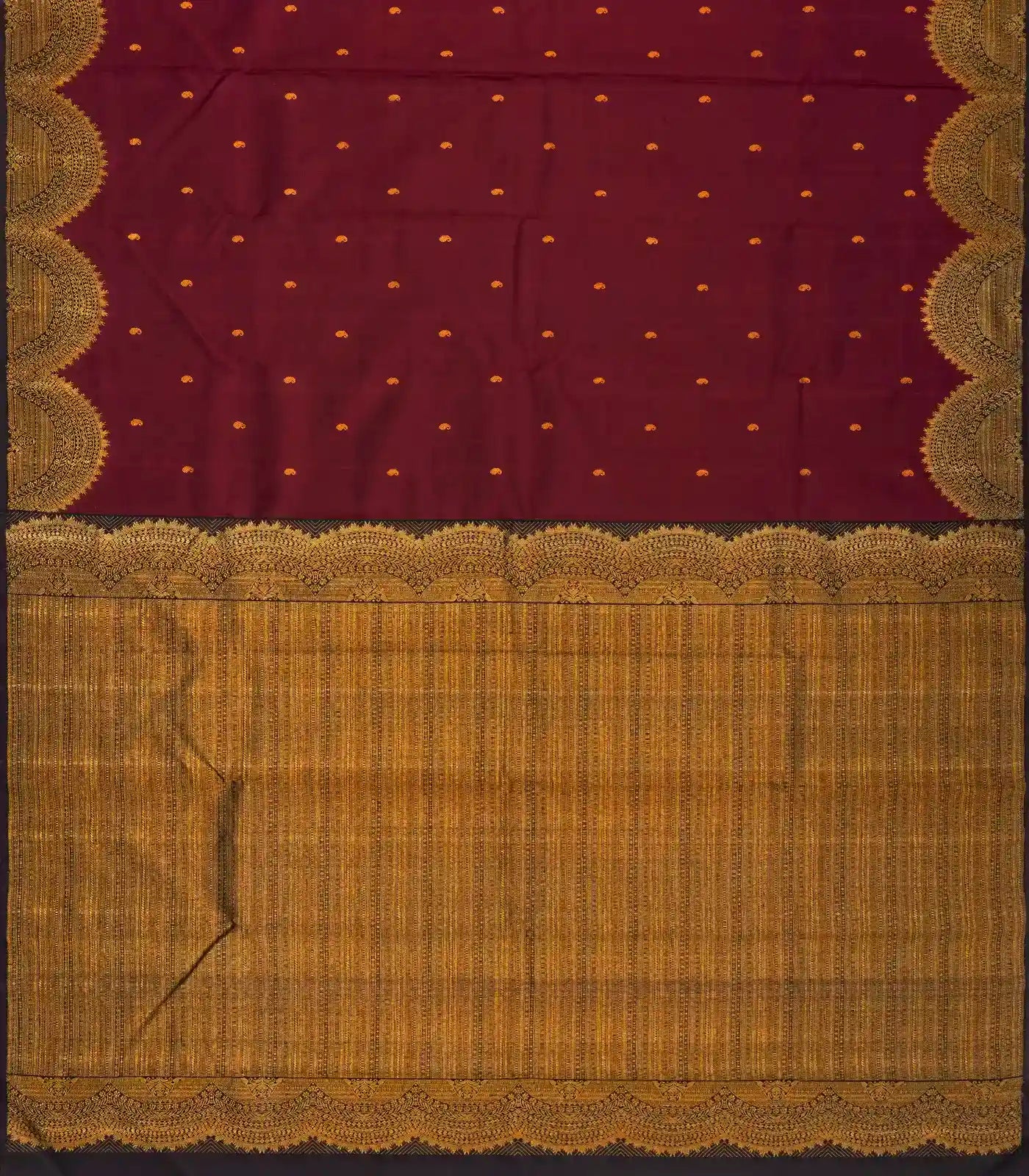 Maroon Handloom Kanchipuram Korvai Silk Saree With Mango Buttas