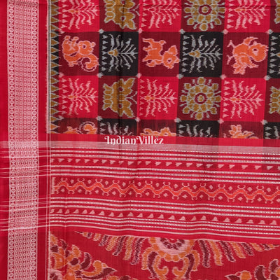 Red with Multicolored Kothi Sambalpuri Ikat Cotton Saree